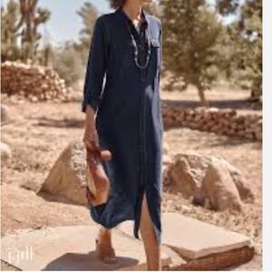 J. Jill Maxi Shirt Dress Full Button Down Long Sleeve Black/Blue Shift D…